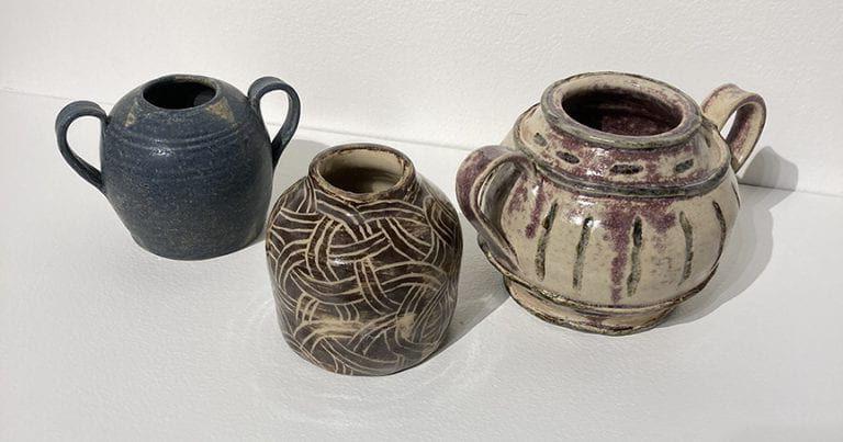 3 ceramic pots Left to Right: Ancient Pot, Sgraffito Pot, Blue Pot